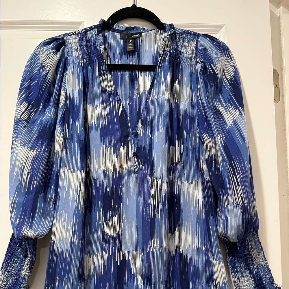 Aqua Blue and White Patterned Blouse